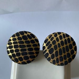 Large button cheetah print (gold/black) clip-on earrings Size: 1 3/4”H x 1 3/4”W